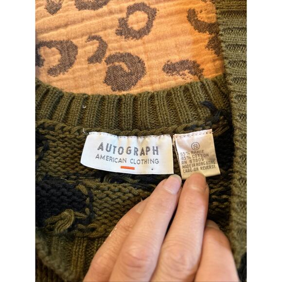 Vintage Crop Top Sweater Leopard Green Black Small S Oversized Cotton Ramie - Picture 3 of 3